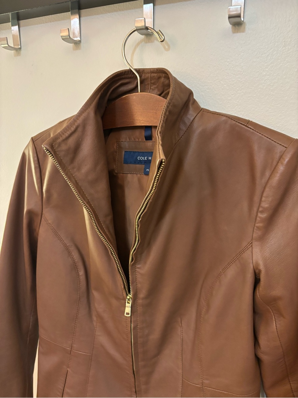 Cole Haan Brown Genuine Lambskin Leather Zip Up Jacket Women's Petite Small (PS)